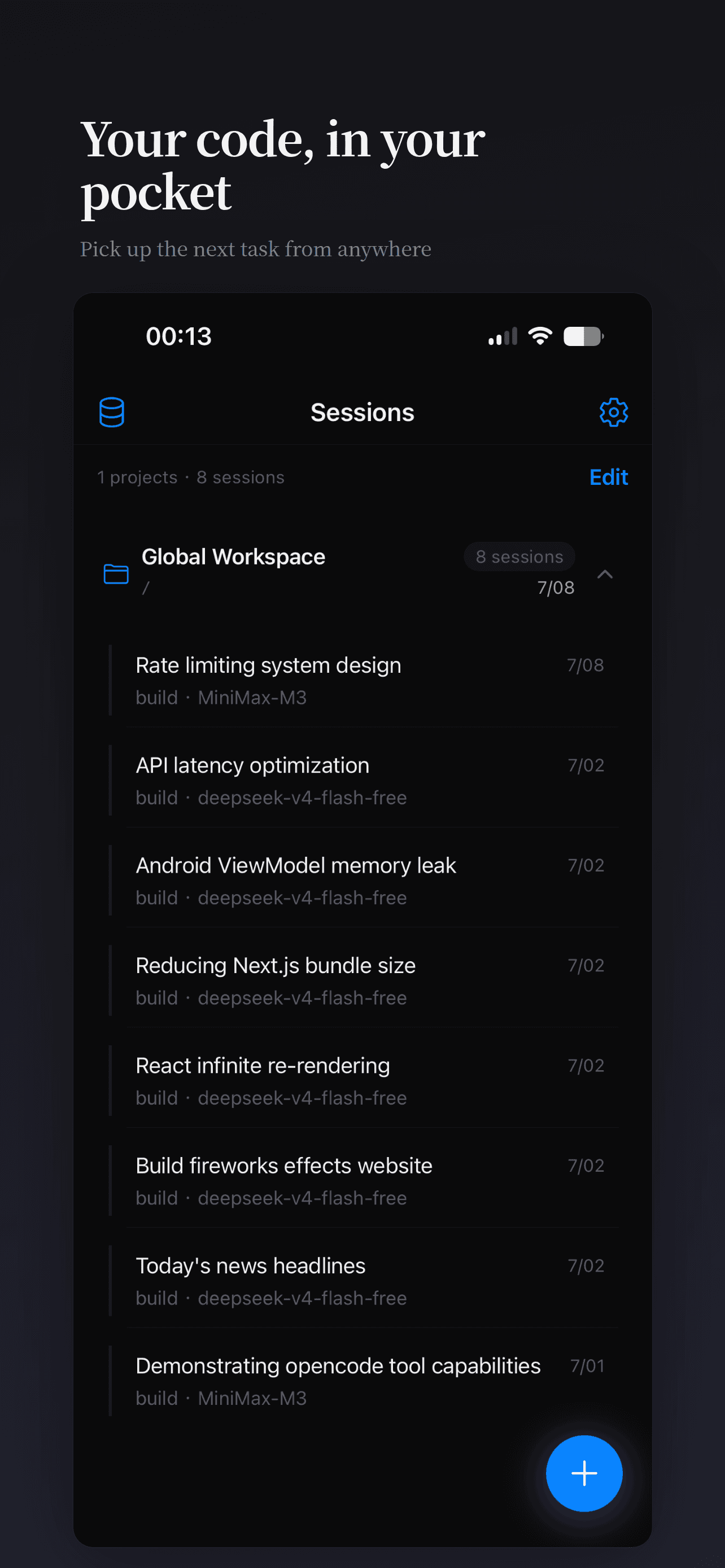 KKCode session list with OpenCode projects and active coding sessions
